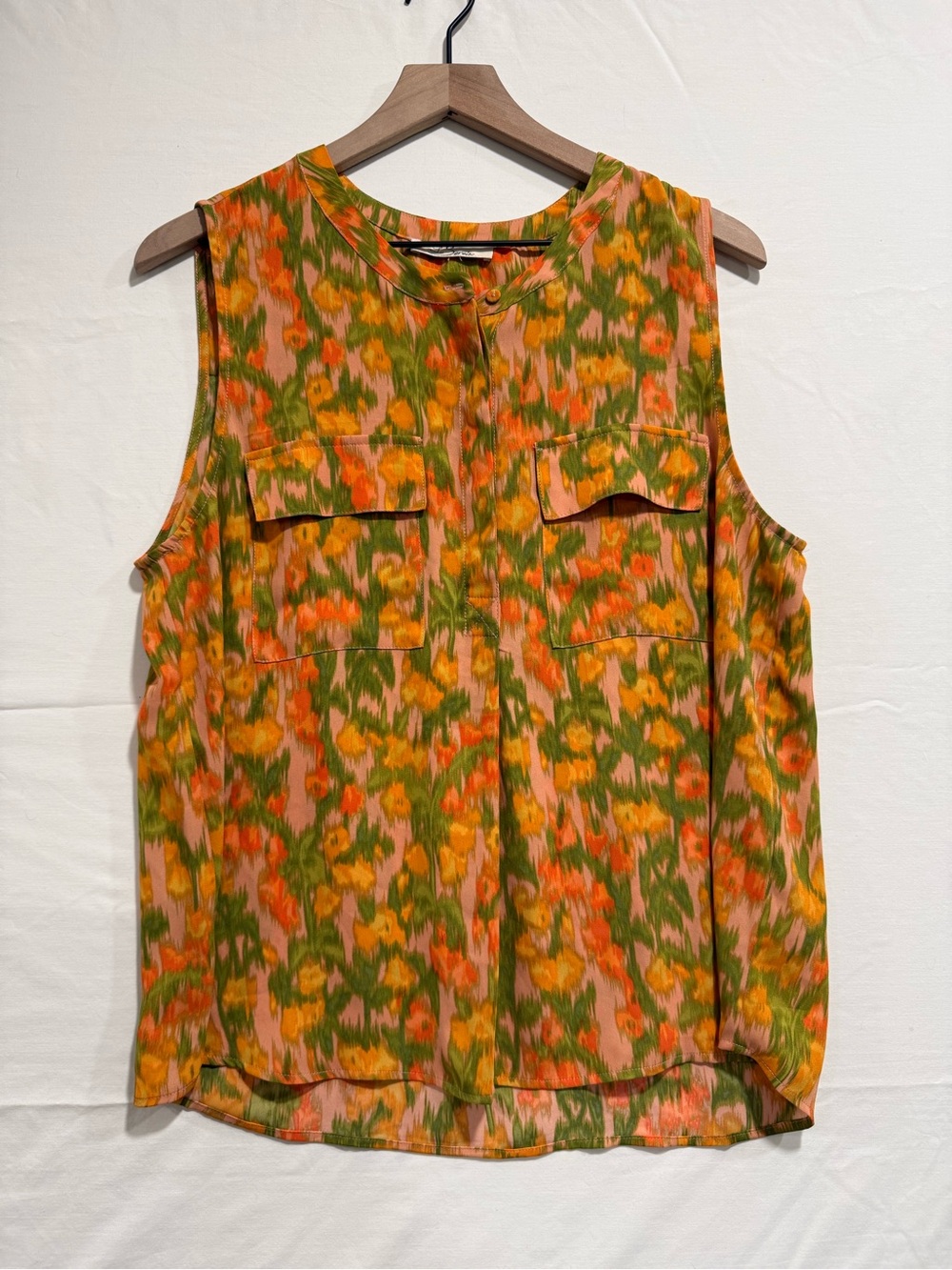 Les Sereins Floral Sleeveless Blouse Orange Green Boho Utility Top